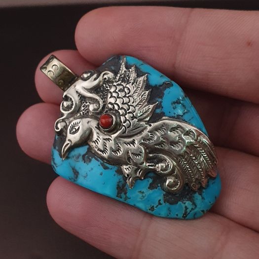 Vintage Silver Bird & Flower Desgin Turqouise Pendant