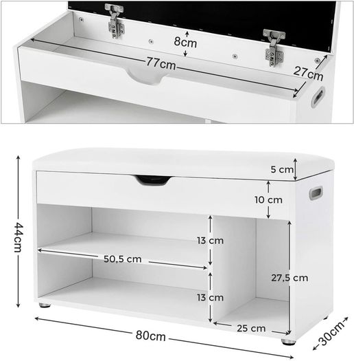 Shoe bench with seat cushion, 3 compartments chest, bench for shoe storage with seat, 2 steps, hall furniture, white maximum load capacity 150 kg