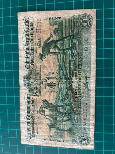 RARE 1938 Irish Ploughman One Pound Banknote Ireland 1 pound Note Scarce Bank Of Ireland