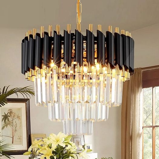 Black and Gold Crystal Chandelier Pendant Light, Small Modern Crystal Chandelier for Entryway, Corridor, Balcony, Porch, Restaurant, Door Opening, E27 x 3, ?40cm