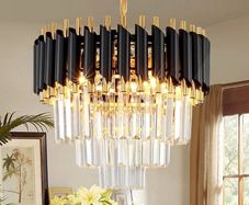 Black and Gold Crystal Chandelier Pendant Light, Small Modern Crystal Chandelier for Entryway, Corridor, Balcony, Porch, Restaurant, Door Opening, E27 x 3, ?40cm