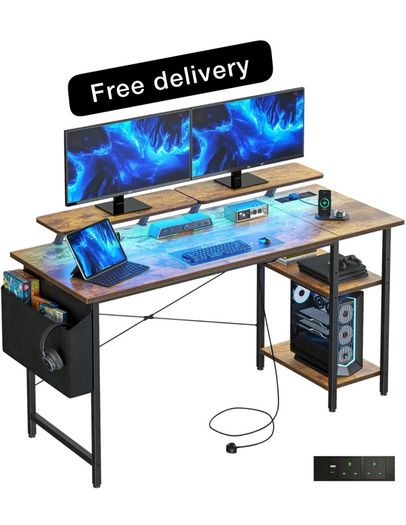 Gaming Desk with LED Lights & Power Outlets, Reversible