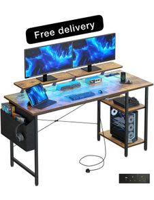Gaming Desk with LED Lights & Power Outlets, Reversible