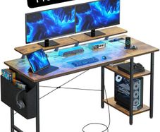 Gaming Desk with LED Lights & Power Outlets, Reversible