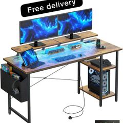 Gaming Desk with LED Lights & Power Outlets, Reversible