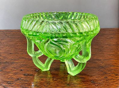 Vintage Sowerby Green glass bowl on three feet