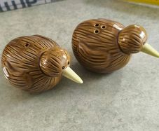 Cute little pair of New Zealand Kiwi sat and pepper shakers - vintage kitchy collectible salt and pepper shakers
