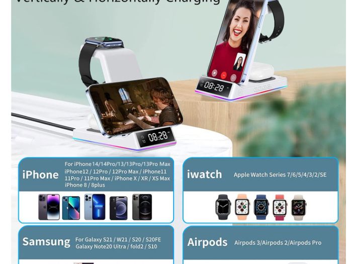 5-in-1 15w Magnetic Wireless Charger With Flashy Atmosphere Light/digital Clock
