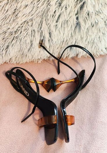 River Island Black Heels with Orange Strap & Acrylic Flared Heel Size UK 6 / EU 39