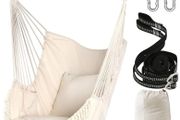 NEW SALE | Hammock Chair Hanging Swing 2 Seat Cushions Included,Strong Webbing Straps and Hooks for Easy Hanging Soft Cotton Weave Hanging Chair Side Pocket Large Tassel Chair Set Comfort Indoor Outdoor