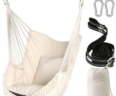 NEW SALE | Hammock Chair Hanging Swing 2 Seat Cushions Included,Strong Webbing Straps and Hooks for Easy Hanging Soft Cotton Weave Hanging Chair Side Pocket Large Tassel Chair Set Comfort Indoor Outdoor