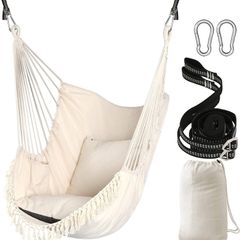 NEW SALE | Hammock Chair Hanging Swing 2 Seat Cushions Included,Strong Webbing Straps and Hooks for Easy Hanging Soft Cotton Weave Hanging Chair Side Pocket Large Tassel Chair Set Comfort Indoor Outdoor