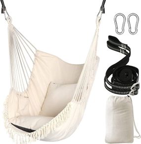 NEW SALE | Hammock Chair Hanging Swing 2 Seat Cushions Included,Strong Webbing Straps and Hooks for Easy Hanging Soft Cotton Weave Hanging Chair Side Pocket Large Tassel Chair Set Comfort Indoor Outdoor