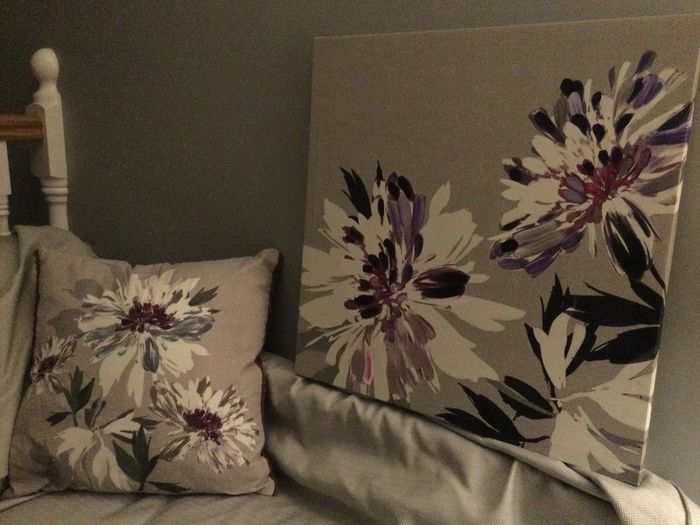 Grey and purple curtains from Next with matching cushion and canvas print