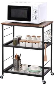 3 Tier Industrial Kitchen Cart with Storage, Vintage Microwave Oven Stand on Wheels, Rolling Bakers Rack with Metal Frame and 10 Hooks, Coffee Cart for Living Room Restaurant (FREE POSTAGE)