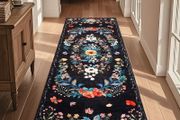 Black Flower Runner Rug for Entryway, Hallway Runner Non Slip,Washable Long Floor Carpet, Boho Low Pile Long Hall Rug for Kitchen, Corridor, Bedroom, Living Room, Laundry (Black, 60x180cm)