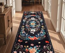 Black Flower Runner Rug for Entryway, Hallway Runner Non Slip,Washable Long Floor Carpet, Boho Low Pile Long Hall Rug for Kitchen, Corridor, Bedroom, Living Room, Laundry (Black, 60x180cm)
