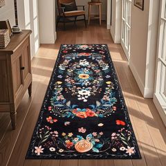 Black Flower Runner Rug for Entryway, Hallway Runner Non Slip,Washable Long Floor Carpet, Boho Low Pile Long Hall Rug for Kitchen, Corridor, Bedroom, Living Room, Laundry (Black, 60x180cm)