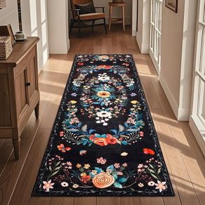 Black Flower Runner Rug for Entryway, Hallway Runner Non Slip,Washable Long Floor Carpet, Boho Low Pile Long Hall Rug for Kitchen, Corridor, Bedroom, Living Room, Laundry (Black, 60x180cm)