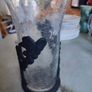 Vintage Art Nouveau  Clear Crackle Glass Vase (unmarked) w/ Ornate black metal Base / Holder. Image 6