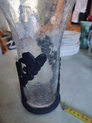 Vintage Art Nouveau  Clear Crackle Glass Vase (unmarked) w/ Ornate black metal Base / Holder.