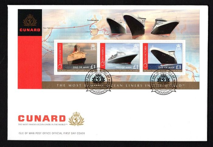 2008 Isle of Man Cunard Ocean Liners (Queen Elizabeth 2, Queen May 2 & Queen Victoria) Commemorative Stamps Miniature Sheet First Day Cover (FDC)