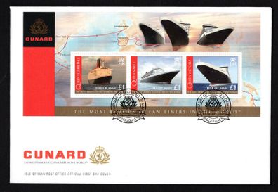 2008 Isle of Man Cunard Ocean Liners (Queen Elizabeth 2, Queen May 2 & Queen Victoria) Commemorative Stamps Miniature Sheet First Day Cover (FDC)