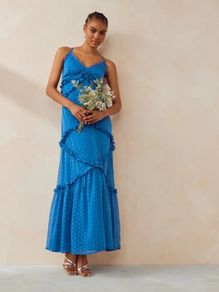 Brand new with tags UK10 Anaya With Love Blue Metallic Flock Maxi Dress With Ruffles