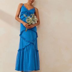 Brand new with tags UK10 Anaya With Love Blue Metallic Flock Maxi Dress With Ruffles