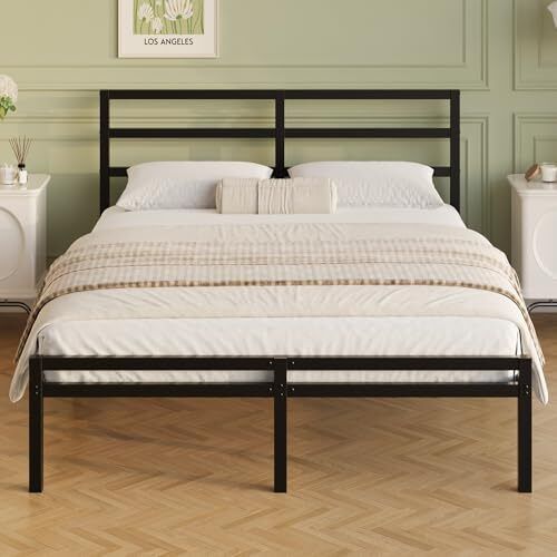 Double Bed Frame with Headboard and Footboard, 30 cm High, Heavy Duty 4ft6 Metal Bed Frame Double with Steel Slats, Storage Space Underbed, Noise Free, Easy Assembly, Black