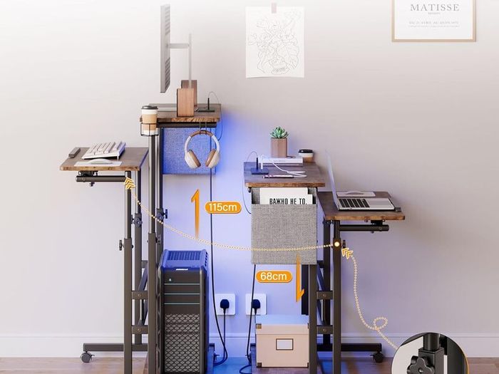 Standing Desk with Power Outlets & Strip Lights, Height Adjustable Rolling Desk with Tilting Table Top, Sit-Stand Workstation with Wheels, Cup Holder, Hook, Storage Bag, 80 x 60 cm