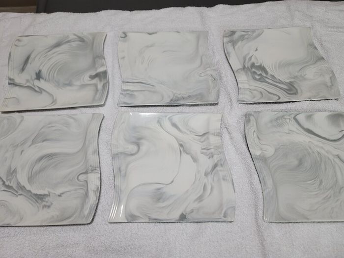 Stylish Modern Porcelain China Square 55 Piece Dinner Set, Marble Grey, Dinnerware, Dinner Party Set. Plates, Cups Mugs Bowls Egg Cups