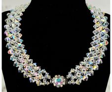 Vintage 1950s Aurora Borealis Choker Necklace Crystal Beads Bridal Necklace