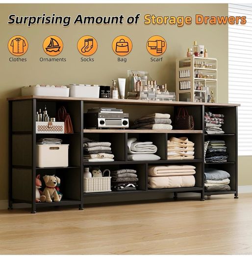 Tv Cabinet, Dresser for Bedroom with 11 Fabric Drawers, TV Stand with Power Socket for TVs up to 70 inch TV Units for Living Room, Bedroom, Rustic Brown