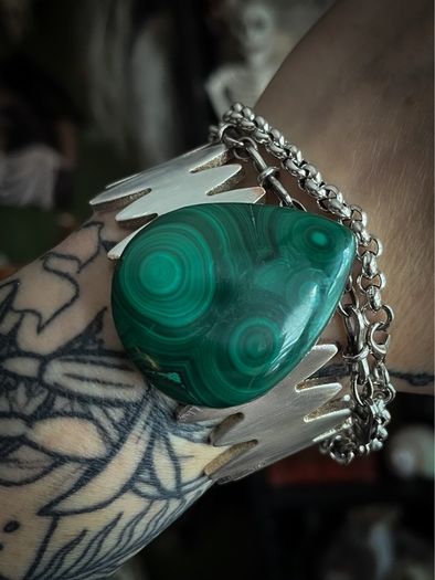Malachite Crystal on a Salvaged Jagged Silver Bangle