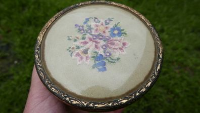 Vintage Jar with an Unusual, Hand-Embroidered Lid H-4,2"