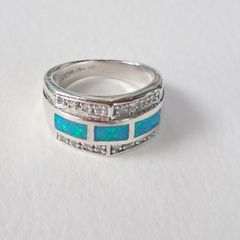 Sterling Silver Rhodium Plated Blue Fire Opal Ladies Ring
