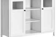 _Sideboard Kitchen Cabinet with Doors Side Cabinet Glass Window 100 x 30 x 76.5 cm Cabinet for Living Room Dining Room Kitchen Hallway Office White