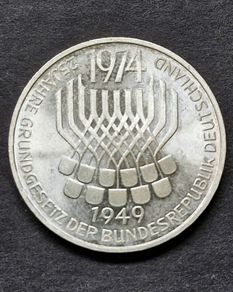 1974 F Germany 5 Mark Silver unc coin, 25th Anniversary of the federal Constitutional Law