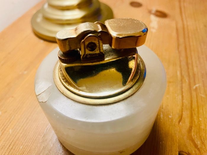 Vintage Azizoff of London Onyx Marble and Brass Table Lighter 60s or 70s