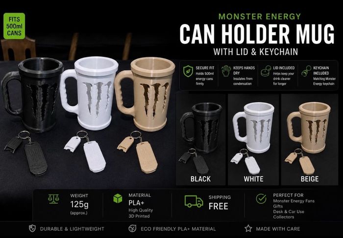 Monster Energy Can Holder Mug with Keychain | Gamer Desk Accessory