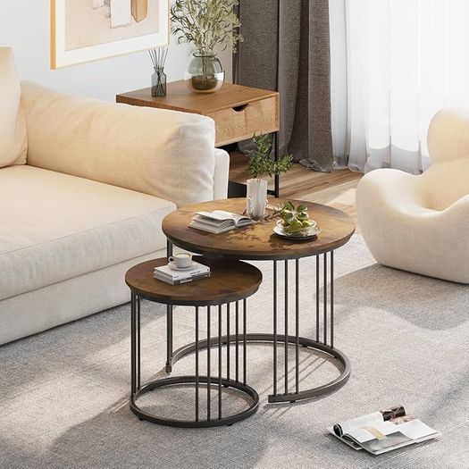 Round Coffee Tables, Set of 2 End Table, Nesting Tables, Side Table with Metal Frame for Living Room/Bedroom/Balcony/Office/Apartment, Diameter 23.6/15.7 IN (Rustic Brown