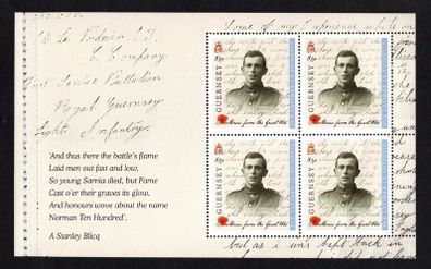2014 Guernsey Stories from the Great War (I) 83p Pte Latimer Le Poidevin Commemorative Stamp Booklet Pane Mint Never Hinged (MNH).