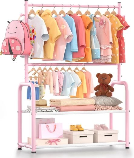 Kids Clothing Rail with 2-Layer Storage Shelf and 2 Adjustable Hanging Rods,Dress Up Rail for Hanging Clothes,Dress up Storage for Baby Toddle Kids(Classic, Pink)