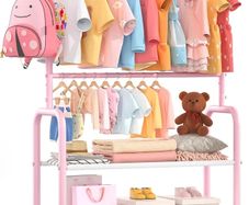 Kids Clothing Rail with 2-Layer Storage Shelf and 2 Adjustable Hanging Rods,Dress Up Rail for Hanging Clothes,Dress up Storage for Baby Toddle Kids(Classic, Pink)