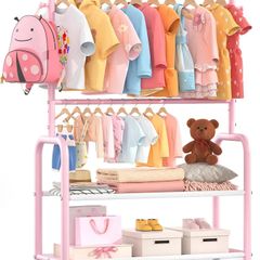 Kids Clothing Rail with 2-Layer Storage Shelf and 2 Adjustable Hanging Rods,Dress Up Rail for Hanging Clothes,Dress up Storage for Baby Toddle Kids(Classic, Pink)