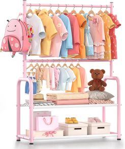 Kids Clothing Rail with 2-Layer Storage Shelf and 2 Adjustable Hanging Rods,Dress Up Rail for Hanging Clothes,Dress up Storage for Baby Toddle Kids(Classic, Pink)