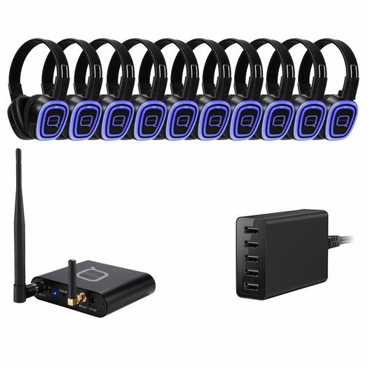 Q-Audio 10 Way Silent Disco Bundle with Bluetooth Transmitter & Charger