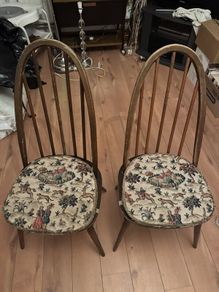 Pair of Vintage Ercol Quaker Hoop Back Dining Chairs with Cushions