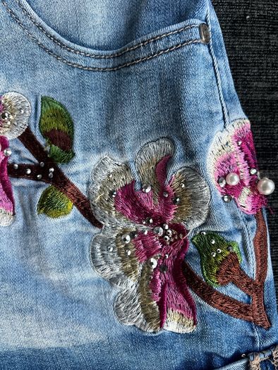 Monday Denim Shorts XS Embroidered Floral & Bird Design
